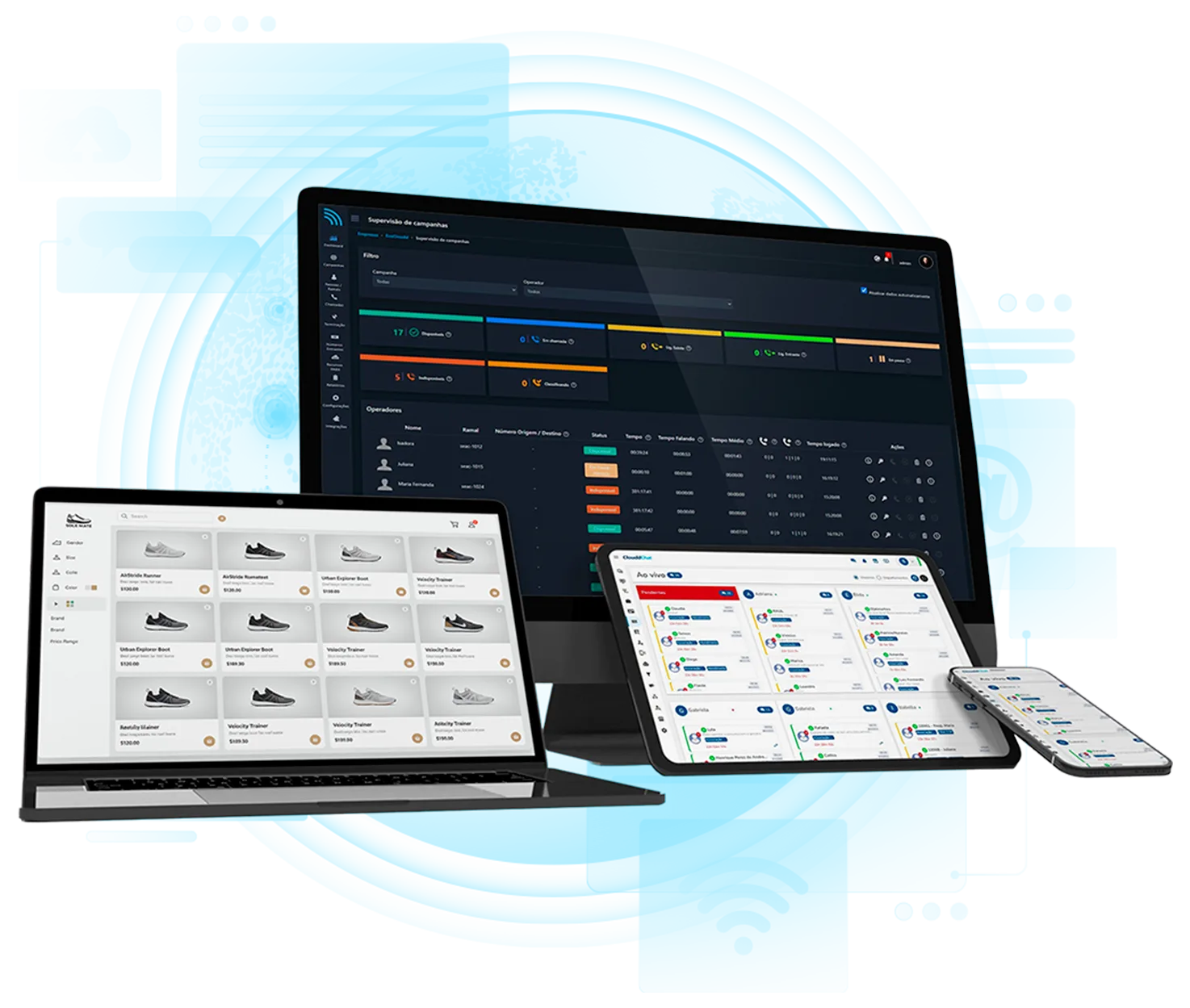 Sistema EvaCloudd no monitor, notebook, tablet e celular